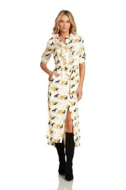 LEA BUTTON DOWN MAXI DRESS EQUESTRIAN PRINT