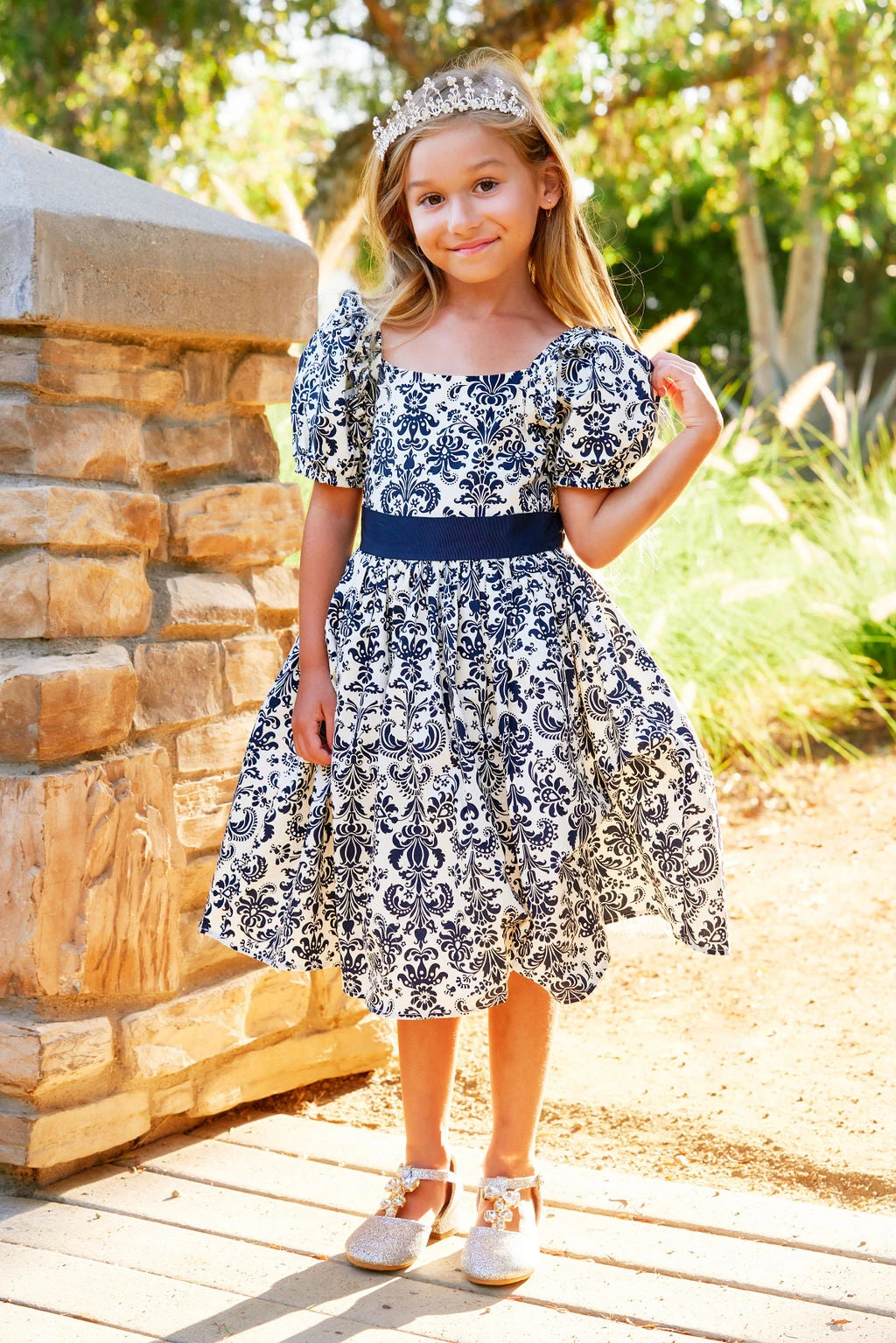 ARIELLE DRESS NAVY DAMASK 6 ARIELLE DRESS NAVY DAMASK - Image 4